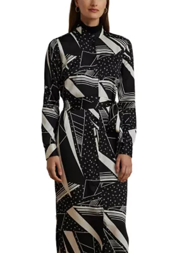 Geometric Print Belted Twill Shirtdress