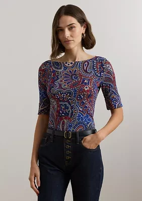 Paisley Stretch Cotton Boat Neck T-Shirt