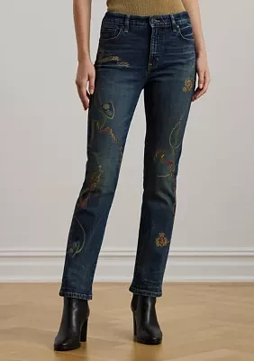 Print High Rise Straight Ankle Jeans