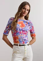 Floral Stretch Cotton Boat Neck T-Shirt