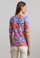 Floral Stretch Cotton Boat Neck T-Shirt