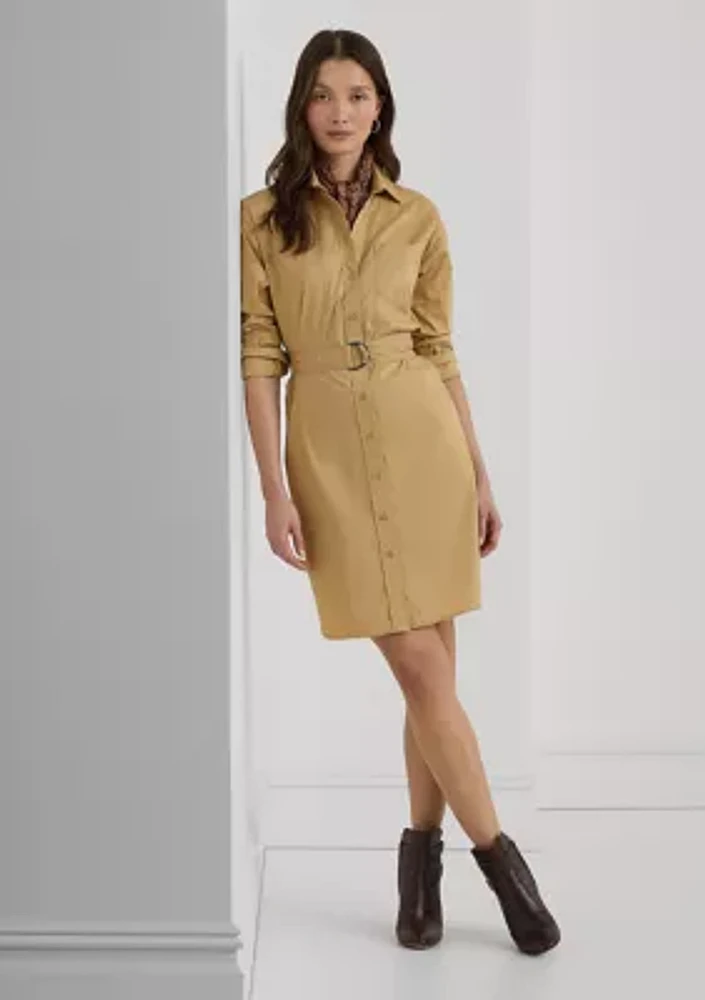 Petite Belted Stretch Cotton Blend Shirtdress