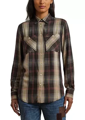 Petite Relaxed Fit Plaid Roll-Tab-Sleeve Shirt