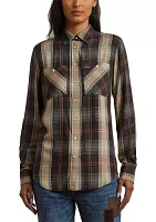 Petite Relaxed Fit Plaid Roll-Tab-Sleeve Shirt