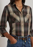 Petite Relaxed Fit Plaid Roll-Tab-Sleeve Shirt