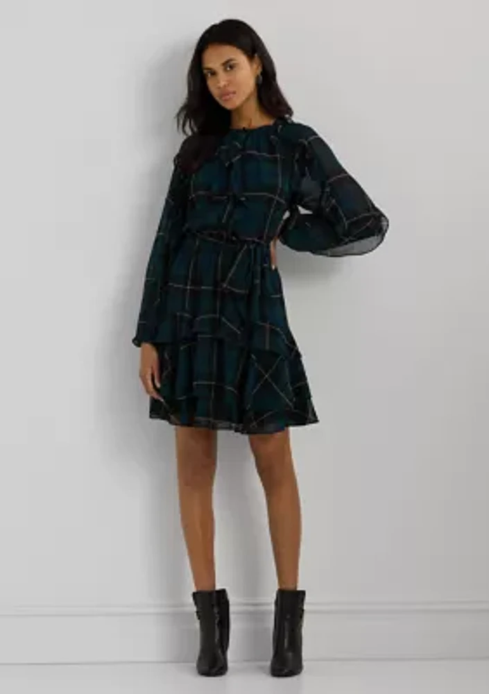 Petite Plaid Ruffle Trim Georgette Tiered Dress