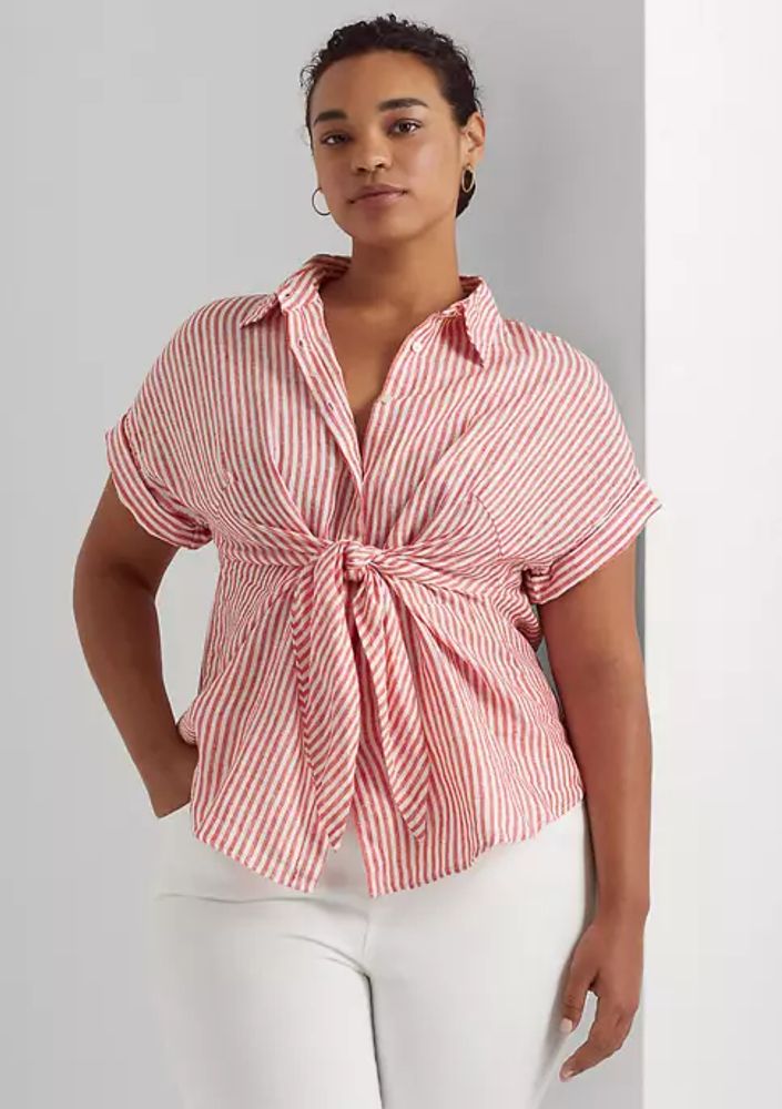 Belk Plus Striped Tie Front Linen Shirt | The Summit