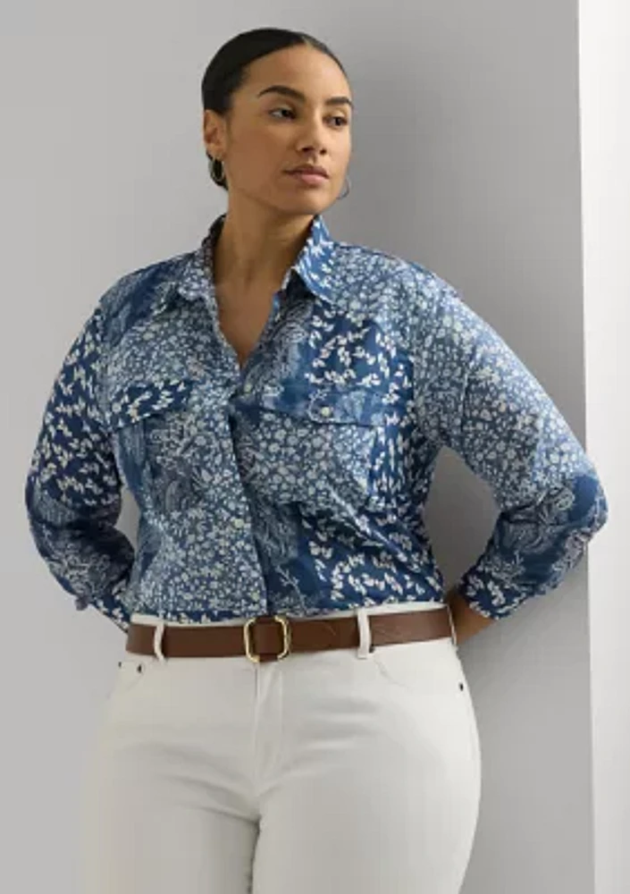 Plus Classic Fit Patchwork Floral Voile Shirt