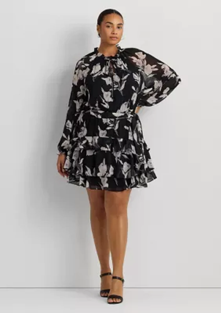 Plus Floral Belted Crinkle Georgette Dress