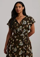 Plus Floral Georgette Flutter-Sleeve Dress