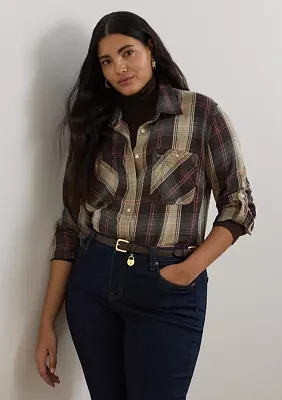 Relaxed Fit Plaid Roll Tab Sleeve Shirt