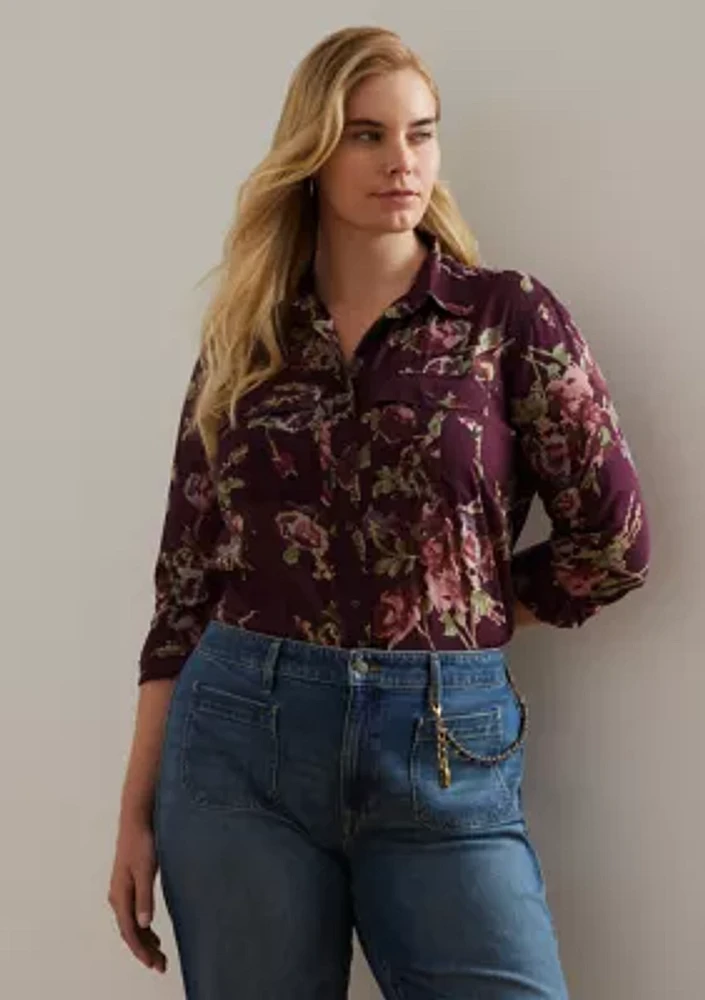 Plus Classic Fit Floral Cotton Voile Shirt