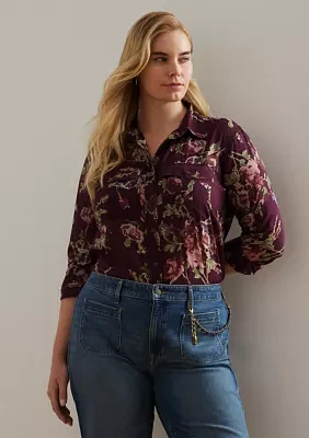 Plus Classic Fit Floral Cotton Voile Shirt