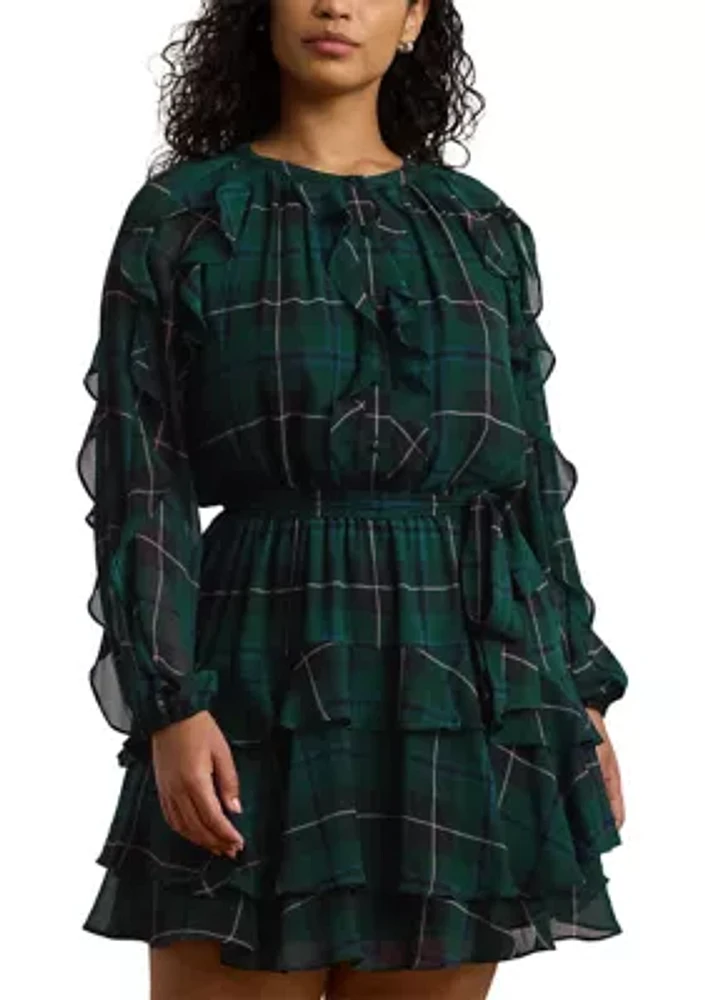 Plus Plaid Ruffle Trim Georgette Tiered Dress