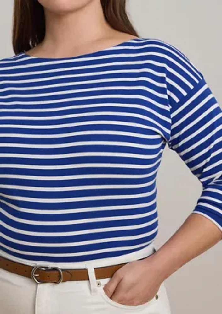 Plus Striped Cotton Jersey Boat Neck Top