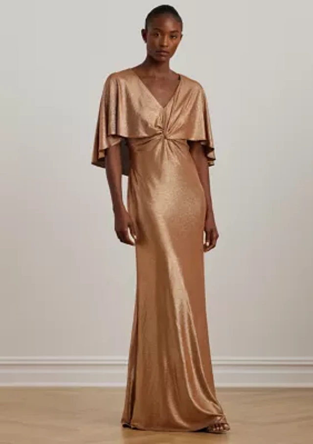 belk gold dresses Lauren Ralph Lauren Metallic Knit Twist Front Cape Gown elegant long gold dress