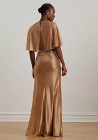 Metallic Knit Twist Front Cape Gown