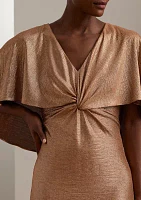 Metallic Knit Twist Front Cape Gown