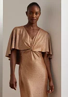 Metallic Knit Twist Front Cape Gown