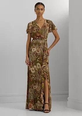 Floral Belted Flutter Sleeve Gown