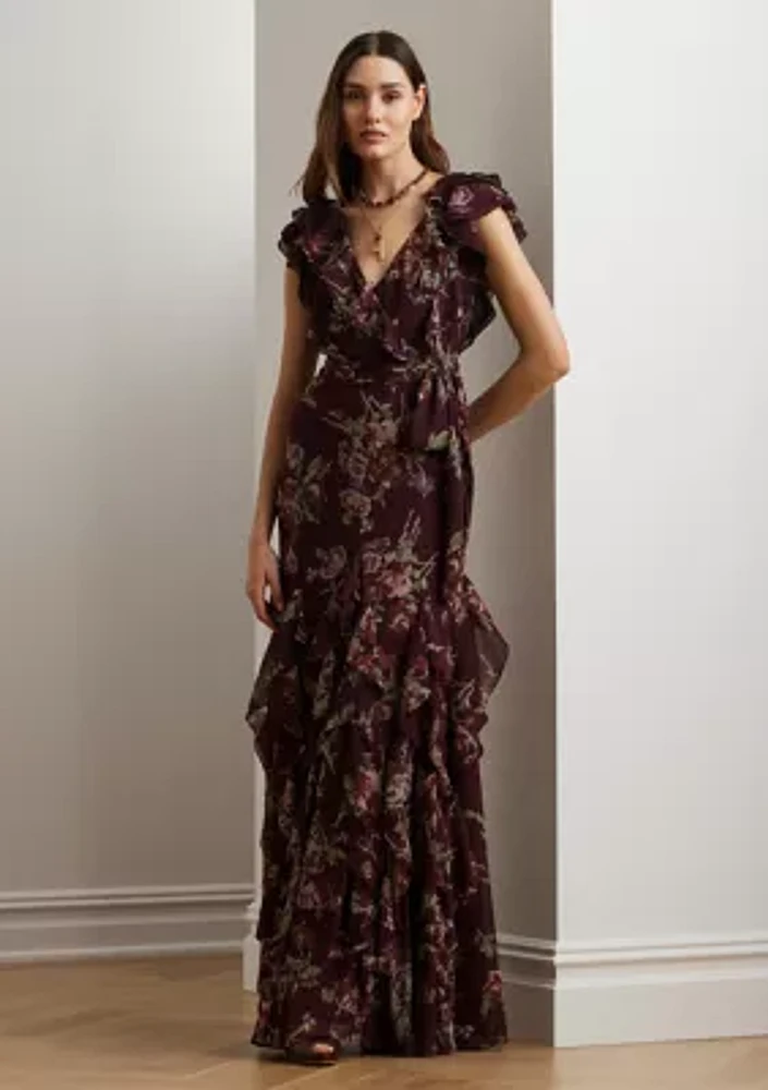 Floral Ruffle Trim Georgette Gown