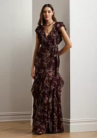 Floral Ruffle Trim Georgette Gown