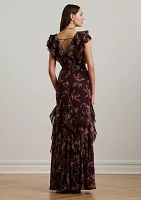 Floral Ruffle Trim Georgette Gown