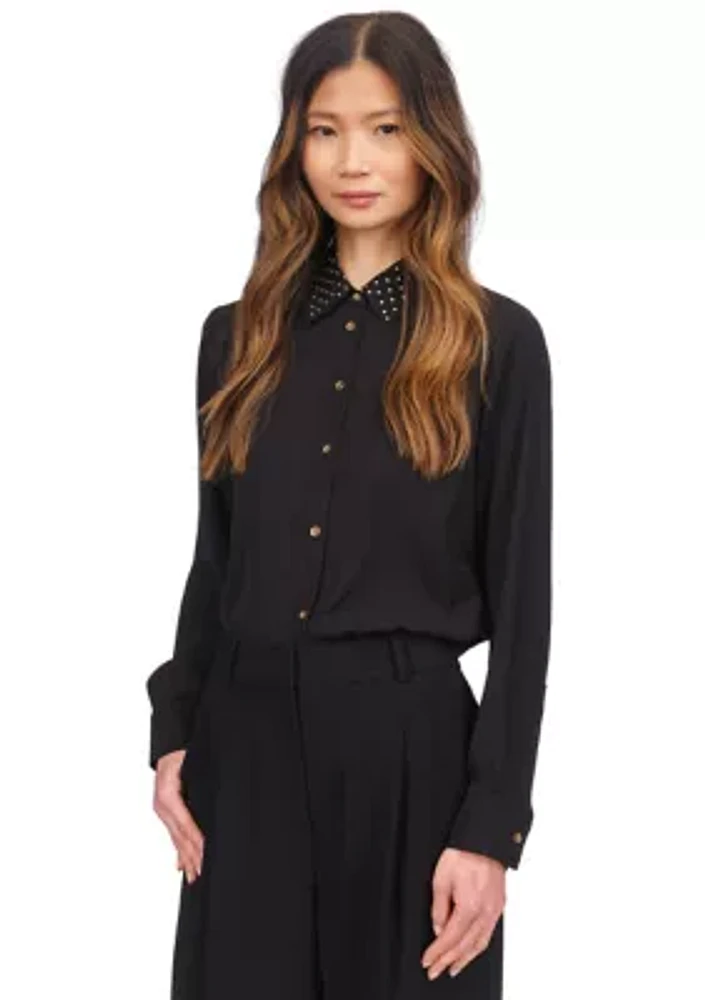 Women's Long Sleeve Studded Collar Button Up Shirt