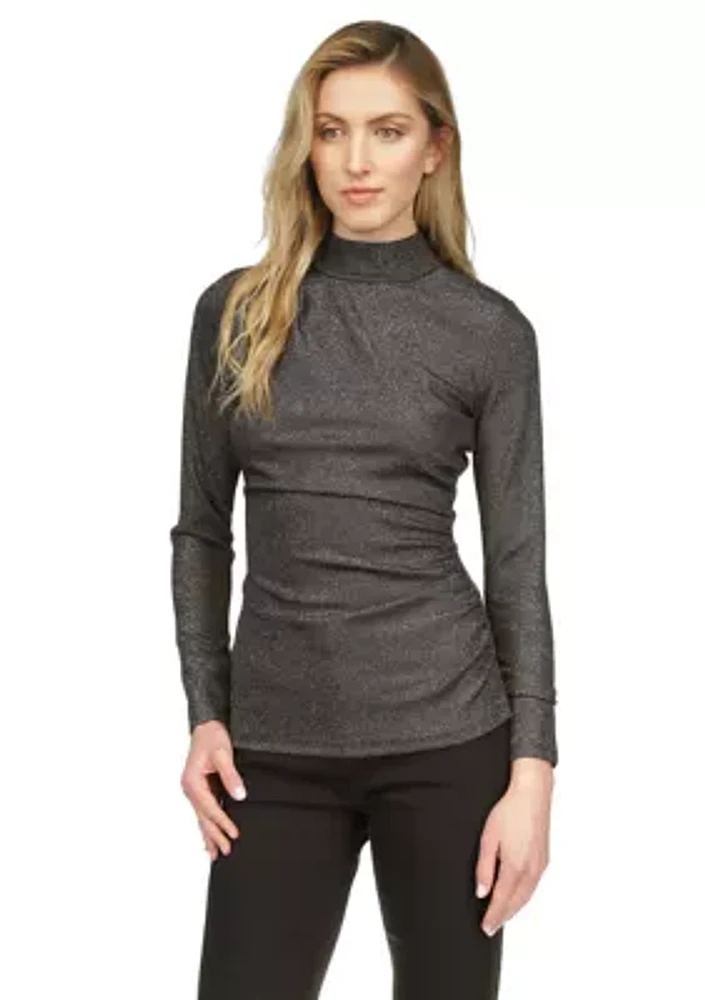 Women's Ruched Mock Neck Glitter Knit Top