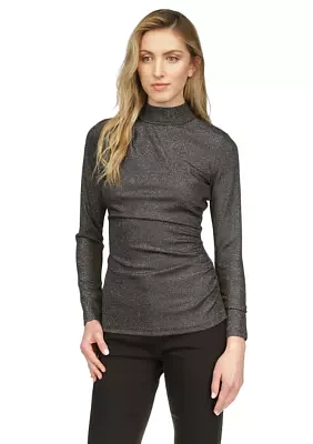 Women's Ruched Mock Neck Glitter Knit Top