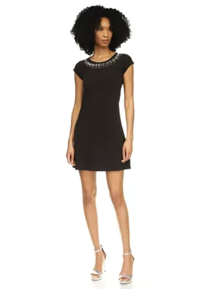 Women's Short Sleeve Gem Neck A-Line Dress