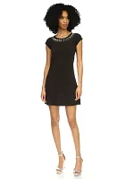 Women's Short Sleeve Gem Neck A-Line Dress