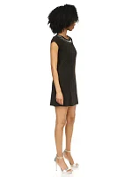 Women's Short Sleeve Gem Neck A-Line Dress