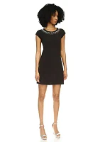 Women's Short Sleeve Gem Neck A-Line Dress