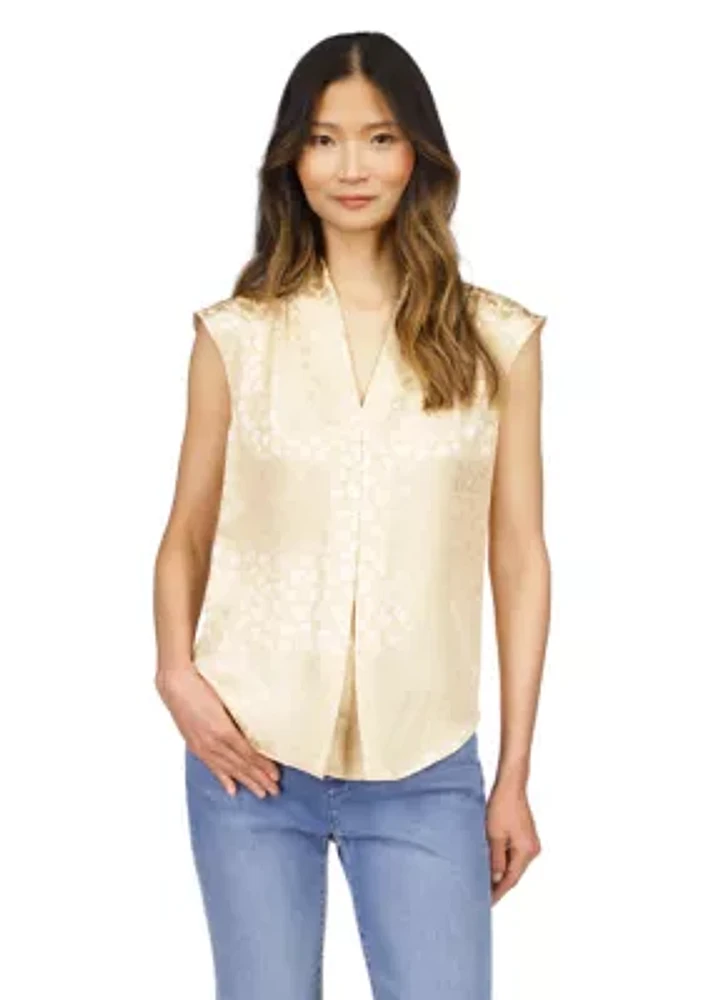 Women's Cap Sleeve Jacquard V-Neck Satin Blouse