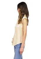 Women's Cap Sleeve Jacquard V-Neck Satin Blouse