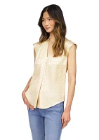 Women's Cap Sleeve Jacquard V-Neck Satin Blouse