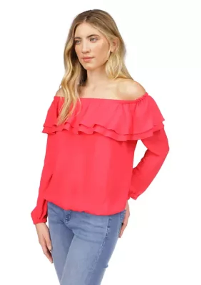 Women's Solid Ruffle Peasant Top