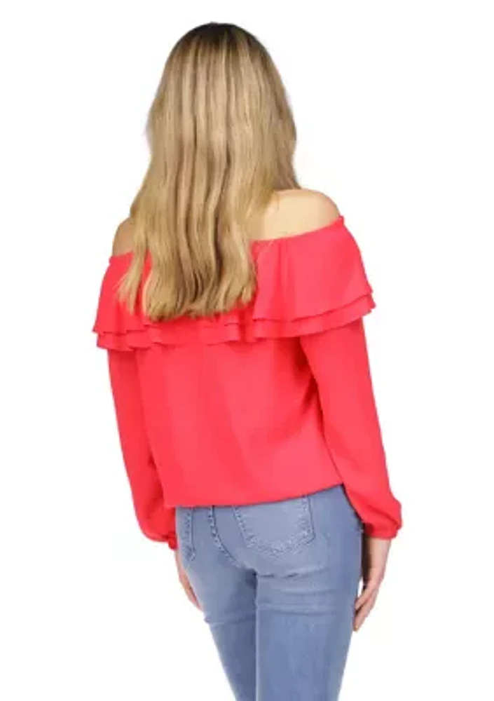 Women's Solid Ruffle Peasant Top