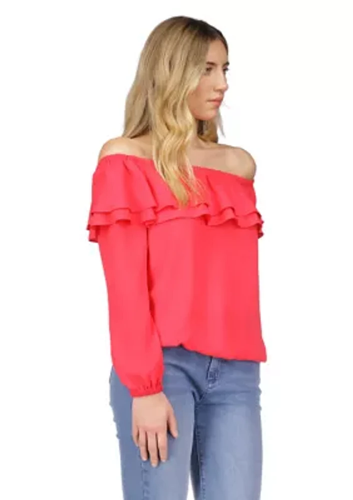 Women's Solid Ruffle Peasant Top