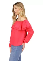 Women's Solid Ruffle Peasant Top