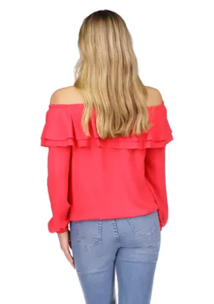 Women's Solid Ruffle Peasant Top