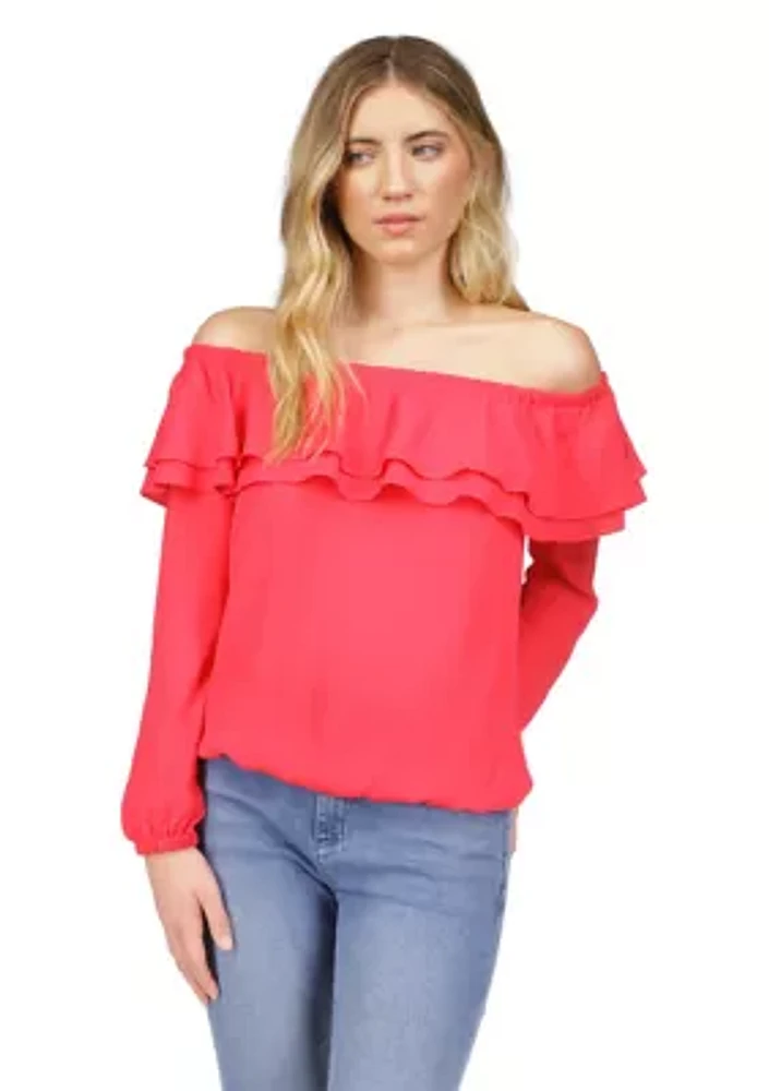 Women's Solid Ruffle Peasant Top