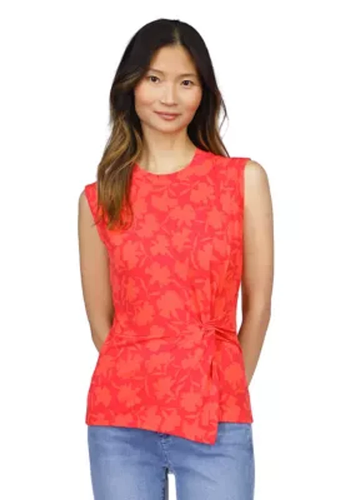 Women's Sleeveless Floral Side Ruched Knit Top