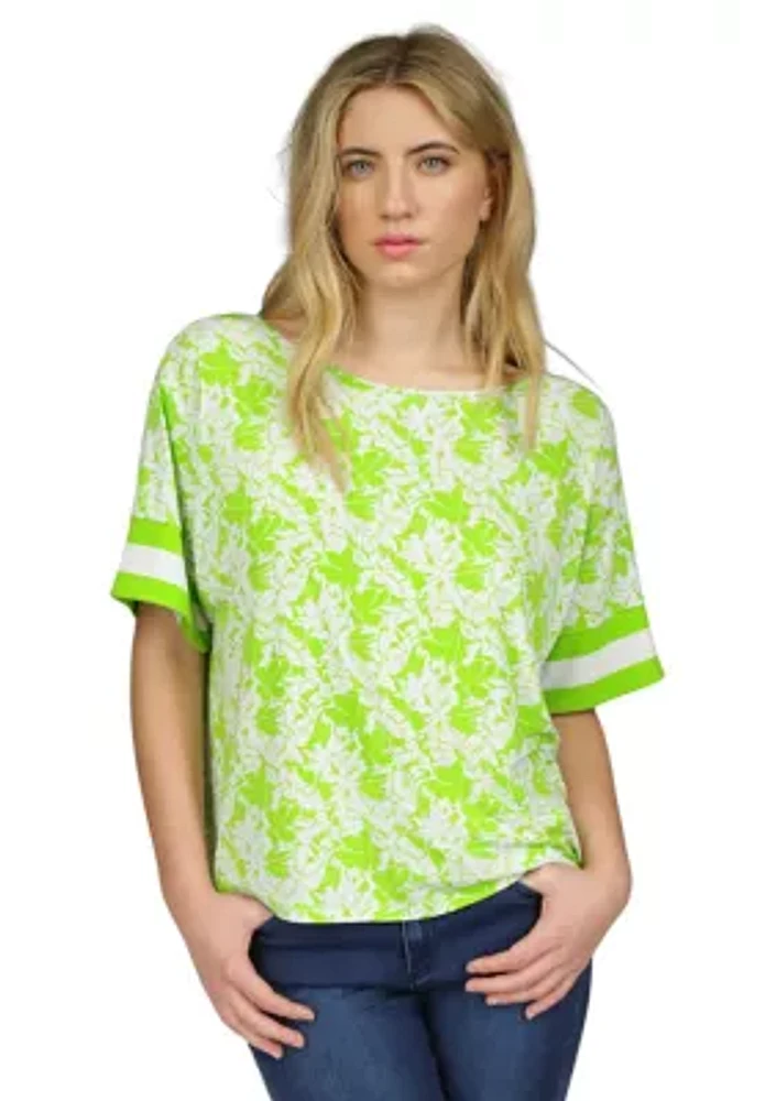 Women's Print Border Boat Neck Top