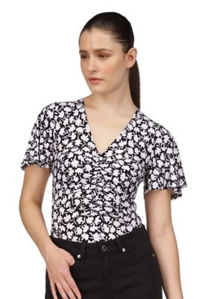 Women's Short Sleeve V-Neck Floral Print Ruched Top