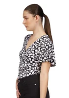 Women's Short Sleeve V-Neck Floral Print Ruched Top