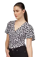 Women's Short Sleeve V-Neck Floral Print Ruched Top