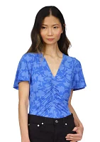 Women's Short Sleeve V-Neck Floral Print Ruched Knit Top