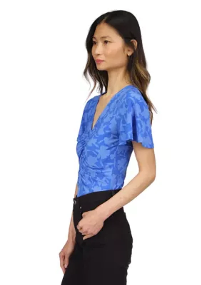 Women's Short Sleeve V-Neck Floral Print Ruched Knit Top